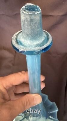 ANTIQUE Blue Opalescent Glass EPERGNE Hand Painted FLORAL 16.75 Two Piece