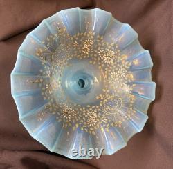 ANTIQUE Blue Opalescent Glass EPERGNE Hand Painted FLORAL 16.75 Two Piece