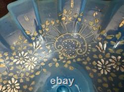 ANTIQUE Blue Opalescent Glass EPERGNE Hand Painted FLORAL 16.75 Two Piece