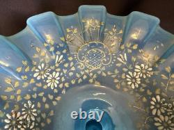 ANTIQUE Blue Opalescent Glass EPERGNE Hand Painted FLORAL 16.75 Two Piece