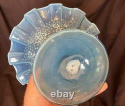 ANTIQUE Blue Opalescent Glass EPERGNE Hand Painted FLORAL 16.75 Two Piece