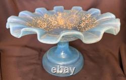 ANTIQUE Blue Opalescent Glass EPERGNE Hand Painted FLORAL 16.75 Two Piece