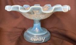 ANTIQUE Blue Opalescent Glass EPERGNE Hand Painted FLORAL 16.75 Two Piece