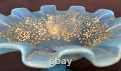 ANTIQUE Blue Opalescent Glass EPERGNE Hand Painted FLORAL 16.75 Two Piece