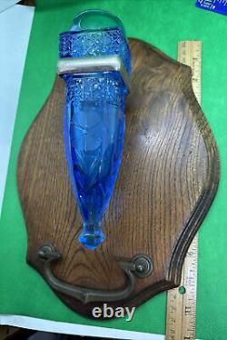 ANTIQUE Blue VASELINE URANIUM GLASS CAR-HEARSE FLOWER BUD VASE DIAMOND PATTERN