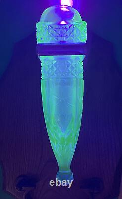 ANTIQUE Blue VASELINE URANIUM GLASS CAR-HEARSE FLOWER BUD VASE DIAMOND PATTERN