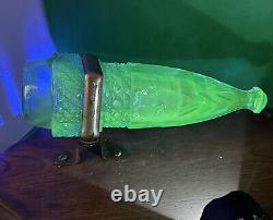 ANTIQUE Blue VASELINE URANIUM GLASS CAR-HEARSE FLOWER BUD VASE DIAMOND PATTERN