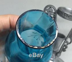ANTIQUE EPERGNE Blue glass insert Enamel floral bud trumpet vase Silver holder