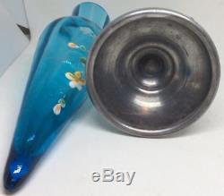 ANTIQUE EPERGNE Blue glass insert Enamel floral bud trumpet vase Silver holder