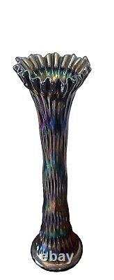 ANTIQUE FENTON CARNIVAL GLASS RUSTIC CRIMPED VASE 15 Tall. Cobalt Blue Base