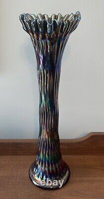 ANTIQUE FENTON CARNIVAL GLASS RUSTIC CRIMPED VASE 15 Tall. Cobalt Blue Base