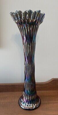 ANTIQUE FENTON CARNIVAL GLASS RUSTIC CRIMPED VASE 15 Tall. Cobalt Blue Base