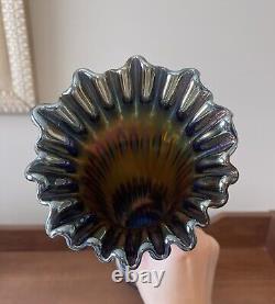 ANTIQUE FENTON CARNIVAL GLASS RUSTIC CRIMPED VASE 15 Tall. Cobalt Blue Base