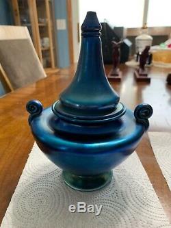 ANTIQUE SIGNED L. C. T. TIFFANY STUDIOS FAVRILE ART GLASS BLUE Dish With Lid