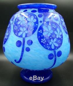 ART DECO French Azurette Cameo Glass HUGE Vase Signed by Le Verre Francais RARE