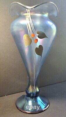 Abelman Art Glass Vase 1983 Iridescent signed almost 10 inchLight Blue scratch