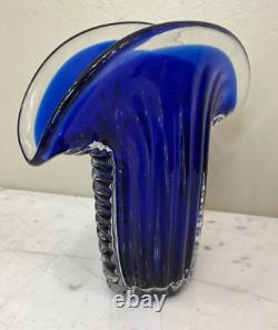 Abstract Hand-Blown Glass Vase Blue with Unique Shape
