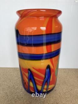 Abstract Multicolor 10.5 Blown Glass Vase Orange Blue Green Heavy