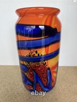 Abstract Multicolor 10.5 Blown Glass Vase Orange Blue Green Heavy