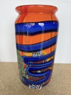 Abstract Multicolor 10.5 Blown Glass Vase Orange Blue Green Heavy