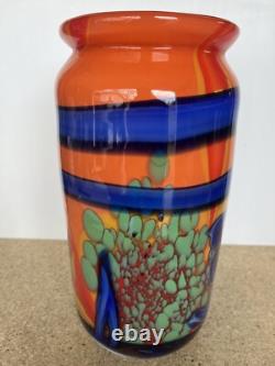 Abstract Multicolor 10.5 Blown Glass Vase Orange Blue Green Heavy