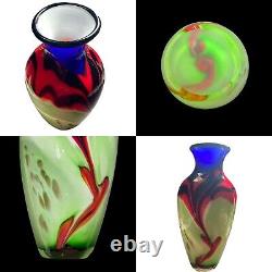 Abstract Multicolor Green Red Black Cobalt Blue Gold ART GLASS VASE 10-1/4