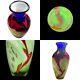 Abstract Multicolor Green Red Black Cobalt Blue Gold ART GLASS VASE 10-1/4