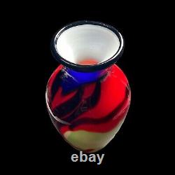 Abstract Multicolor Green Red Black Cobalt Blue Gold ART GLASS VASE 10-1/4