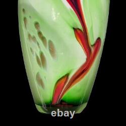 Abstract Multicolor Green Red Black Cobalt Blue Gold ART GLASS VASE 10-1/4