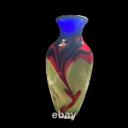 Abstract Multicolor Green Red Black Cobalt Blue Gold ART GLASS VASE 10-1/4