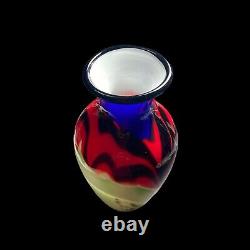 Abstract Multicolor Green Red Black Cobalt Blue Gold ART GLASS VASE 10-1/4