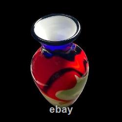 Abstract Multicolor Green Red Black Cobalt Blue Gold ART GLASS VASE 10-1/4