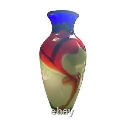 Abstract Multicolor Green Red Black Cobalt Blue Gold ART GLASS VASE 10-1/4