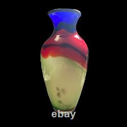 Abstract Multicolor Green Red Black Cobalt Blue Gold ART GLASS VASE 10-1/4