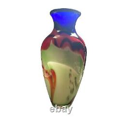 Abstract Multicolor Green Red Black Cobalt Blue Gold ART GLASS VASE 10-1/4