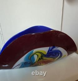 Abstract Multicolor Hand Blown Glossy Art Glass Vase Red Blue Yellow Green