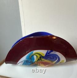Abstract Multicolor Hand Blown Glossy Art Glass Vase Red Blue Yellow Green
