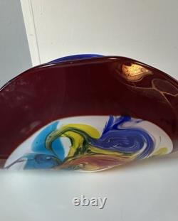 Abstract Multicolor Hand Blown Glossy Art Glass Vase Red Blue Yellow Green