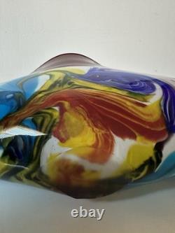 Abstract Multicolor Hand Blown Glossy Art Glass Vase Red Blue Yellow Green