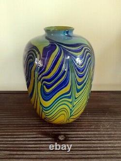 Amazing Salamandra Studio Art Glass Hand Blown Blue & Yellow Vase Signed 7/77