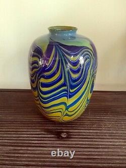 Amazing Salamandra Studio Art Glass Hand Blown Blue & Yellow Vase Signed 7/77