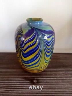 Amazing Salamandra Studio Art Glass Hand Blown Blue & Yellow Vase Signed 7/77