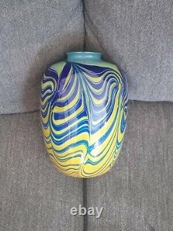 Amazing Salamandra Studio Art Glass Hand Blown Blue & Yellow Vase Signed 7/77