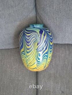 Amazing Salamandra Studio Art Glass Hand Blown Blue & Yellow Vase Signed 7/77