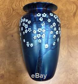 American Art Glass Vase Orient & Flume Blue Iridescent Hawthorne 9 Signed