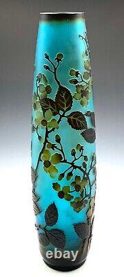 Antique 15.75 Cameo Art Glass Vase, Turquoise, Blue, Cherry Blossom
