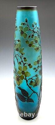 Antique 15.75 Cameo Art Glass Vase, Turquoise, Blue, Cherry Blossom