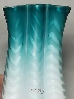 Antique 19th C. Blue Mother of Pearl Herringbone Satin Lobed Rib Art Glass Vase