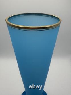 Antique 19th Century French Blue Opaline Glass Vase With Gold Gilt Rim