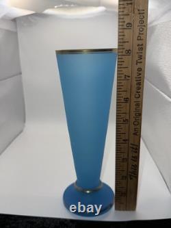Antique 19th Century French Blue Opaline Glass Vase With Gold Gilt Rim